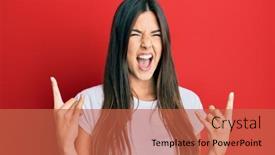  Presentation with tshirt - Cool new slide set with young-brunette-woman-wearing-casual backdrop and a red colored foreground