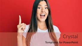  Presentation with tshirt - Presentation design enhanced with young-brunette-woman-wearing-casual background and a red colored foreground