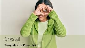  Presentation with shape heart - Amazing PPT theme having young-brunette-woman-wearing-casual backdrop and a mint green colored foreground