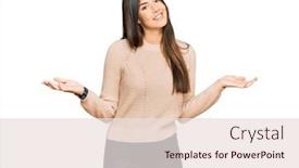  Presentation with woman hands open - Slide set with young-brunette-woman-wearing-casual background and a sky blue colored foreground