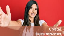  Presentation with tshirt - Colorful presentation theme enhanced with young-brunette-woman-wearing-casual backdrop and a coral colored foreground