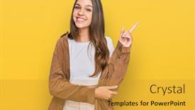  Presentation with finger - Beautiful presentation design featuring young-brunette-woman-wearing-casual backdrop and a gold colored foreground