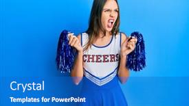  Presentation with anger - Colorful slide set enhanced with young-brunette-woman-wearing-cheerleader backdrop and a cobalt blue colored foreground