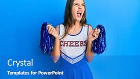  Presentation with woman stuck in ladder - Slide deck having young-brunette-woman-wearing-cheerleader background and a cobalt blue colored foreground