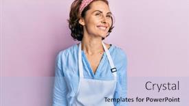  Presentation with apron - Beautiful slide set featuring young-brunette-woman-wearing-cleaner backdrop and a light blue colored foreground