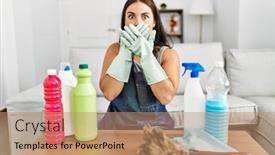  Presentation with cleaning - PPT theme having young-brunette-woman-wearing-cleaner background and a coral colored foreground