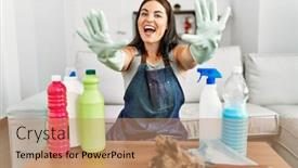  Presentation with apron - Presentation design consisting of young-brunette-woman-wearing-cleaner background and a  colored foreground