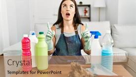  Presentation with cleaning - Presentation enhanced with young-brunette-woman-wearing-cleaner background and a coral colored foreground