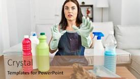  Presentation with cleaning - Slides having young-brunette-woman-wearing-cleaner background and a coral colored foreground