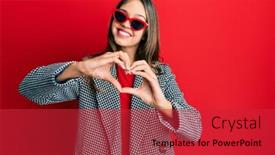  Presentation with heart hands - Cool new theme with young-brunette-woman-wearing-fashion backdrop and a red colored foreground