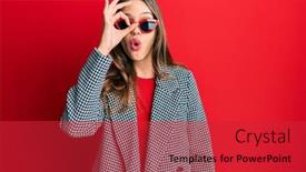  Presentation with fashion - Presentation theme featuring young-brunette-woman-wearing-fashion background and a red colored foreground