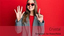  Presentation with look - Colorful presentation theme enhanced with young-brunette-woman-wearing-fashion backdrop and a red colored foreground