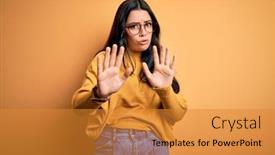  Presentation with forbidden - Cool new presentation design with young-brunette-woman-wearing-glasses backdrop and a gold colored foreground