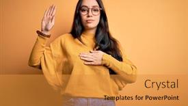  Presentation with hand palm - Presentation theme featuring young-brunette-woman-wearing-glasses background and a gold colored foreground