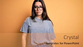  Presentation with glasses - Presentation theme enhanced with young-brunette-woman-wearing-glasses background and a yellow colored foreground