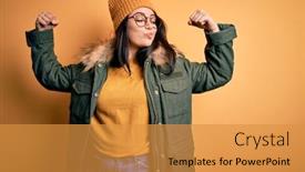  Presentation with glasses - Beautiful presentation theme featuring young-brunette-woman-wearing-glasses backdrop and a gold colored foreground