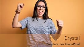  Presentation with navy - Beautiful slide deck featuring young-brunette-woman-wearing-glasses backdrop and a gold colored foreground