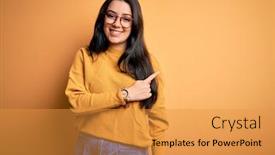  Presentation with glasses - Audience pleasing slide set consisting of young-brunette-woman-wearing-glasses backdrop and a gold colored foreground