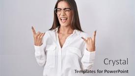 Presentation with rock star - Slides featuring young-brunette-woman-wearing-glasses background and a light gray colored foreground