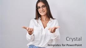  Presentation with acceptance - Slides having young-brunette-woman-wearing-glasses background and a light gray colored foreground