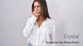  Presentation with bad breath - PPT layouts enhanced with young-brunette-woman-wearing-glasses background and a light gray colored foreground