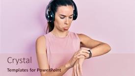  Presentation with woman crying - PPT theme with young-brunette-woman-wearing-gym background and a coral colored foreground