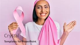  Presentation with pink ribbon hands - Slide set enhanced with young-brunette-woman-wearing-head background and a lemonade colored foreground