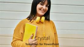  Presentation with headphones - Slide deck having young-brunette-woman-wearing-headphones background and a yellow colored foreground