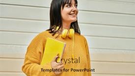  Presentation with headphones - Presentation with young-brunette-woman-wearing-headphones background and a yellow colored foreground