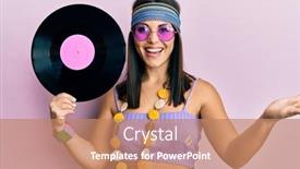  Presentation with vinyl - Amazing PPT theme having young-brunette-woman-wearing-hippie backdrop and a coral colored foreground