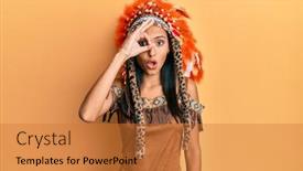  Presentation with indian woman - Presentation theme enhanced with young-brunette-woman-wearing-indian background and a gold colored foreground