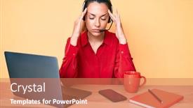  Presentation with call center - Presentation design featuring young-brunette-woman-wearing-operator background and a coral colored foreground