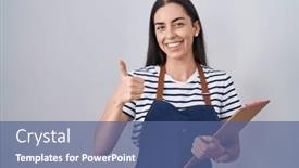  Presentation with waitress - PPT theme with young-brunette-woman-wearing-professional background and a ocean colored foreground