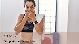  Presentation with sportswear - Slide set with young-brunette-woman-wearing-sportswear background and a coral colored foreground