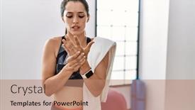  Presentation with arthritis - PPT theme featuring young-brunette-woman-wearing-sportswear background and a coral colored foreground