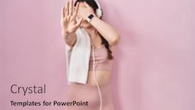  Presentation with woman sad - Presentation enhanced with young-brunette-woman-wearing-sportswear background and a soft green colored foreground