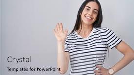  Presentation with saying - PPT theme consisting of young-brunette-woman-wearing-striped background and a light gray colored foreground