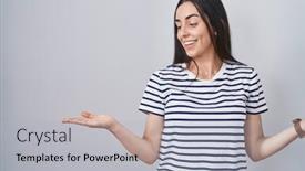  Presentation with woman hands open - Slides with young-brunette-woman-wearing-striped background and a light gray colored foreground