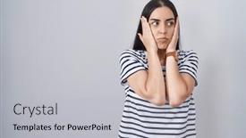  Presentation with sadness - PPT theme consisting of young-brunette-woman-wearing-striped background and a light gray colored foreground
