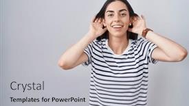  Presentation with deaf - Slide set enhanced with young-brunette-woman-wearing-striped background and a light gray colored foreground