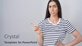  Presentation with forefinger - PPT theme having young-brunette-woman-wearing-striped background and a light gray colored foreground