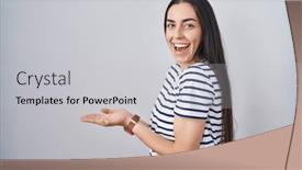 Presentation with woman hands open - Slide deck enhanced with young-brunette-woman-wearing-striped background and a light gray colored foreground