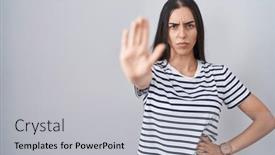  Presentation with sing - Theme having young-brunette-woman-wearing-striped background and a light gray colored foreground