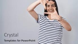  Presentation with creativity - Presentation theme consisting of young-brunette-woman-wearing-striped background and a light gray colored foreground