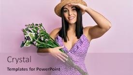  Presentation with hand holding flowers - Slide set with young-brunette-woman-wearing-summer background and a coral colored foreground