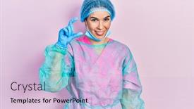  Presentation with hand surgeon - PPT theme featuring young-brunette-woman-wearing-surgeon background and a lemonade colored foreground