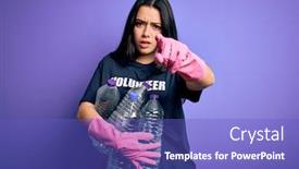  Presentation with volunteer - Presentation featuring young-brunette-woman-wearing-volunteer background and a cobalt blue colored foreground