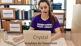  Presentation with call center - Presentation theme enhanced with young-brunette-woman-wearing-volunteer background and a coral colored foreground
