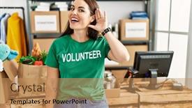  Presentation with listening woman - PPT theme with young-brunette-woman-wearing-volunteer background and a coral colored foreground