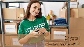  Presentation with volunteer - Slide set having young-brunette-woman-wearing-volunteer background and a coral colored foreground